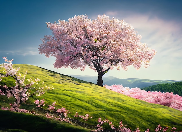 Paisaje decorativo de primavera con un solo árbol de cereza sakura en plena floración en una colina