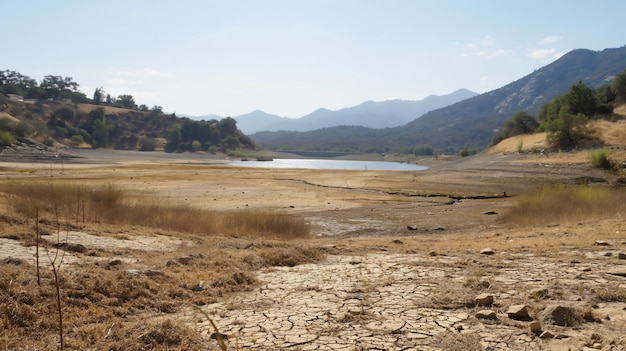 Un paisaje desecado que muestra una zona afectada por la sequía con un lago poco profundo, tierra agrietada y escasos v