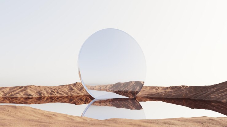 Paisaje desértico abstracto con representación 3D de objetos espejados y dunas de arena