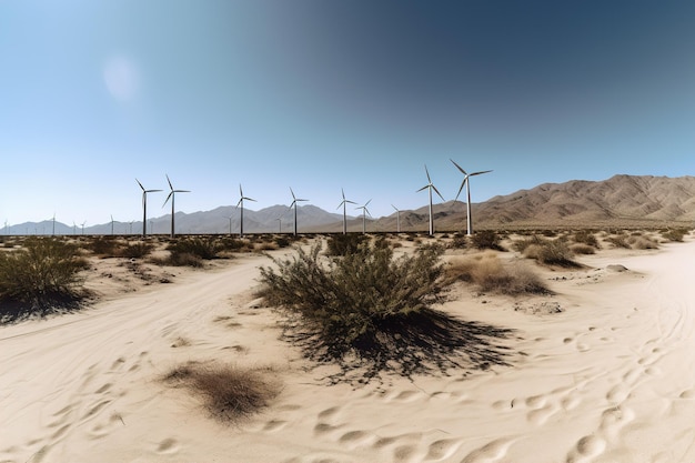 Paisaje desértico con aerogeneradores ai generativo.