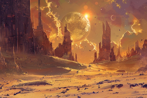Paisaje desértico alienígena con una gran luna y estructuras en ruinas
