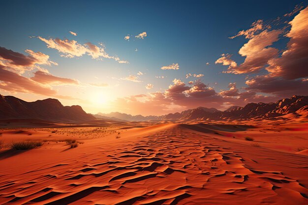 Paisaje desértico de arena Imagen de dunas onduladas que se extienden sin fin bajo el cielo sin límites iluminado por los cálidos tonos del sol poniente