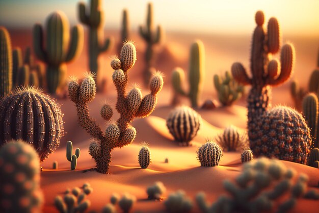 Un paisaje desértico cactidotted con el sol proyectando largas sombras sobre la arena