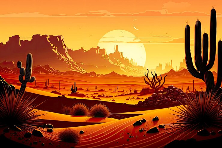 Paisaje desértico con cactus y desierto de dunas de arena en ai generativo al atardecer