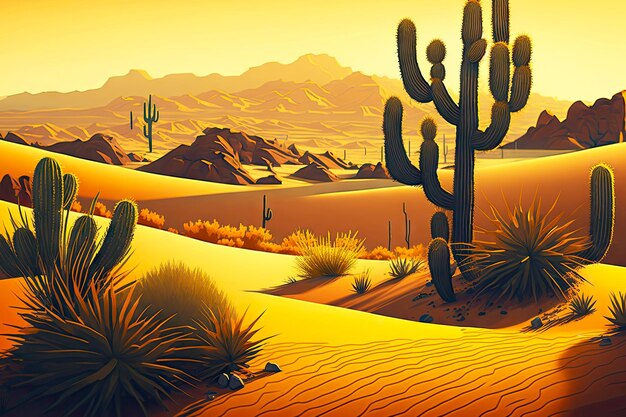 Paisaje desértico con cactus y dunas de arena en ai generativo de luz nocturna