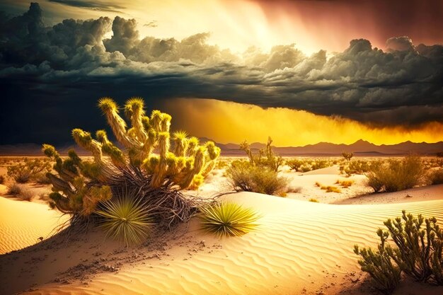 Foto paisaje desértico con cactus y dunas de arena al atardecer con nubes de tormenta ai generativo