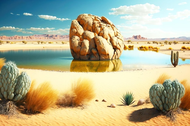 Paisaje desértico con cactus y dunas de arena enorme roca en el campo junto al lago ai generativo