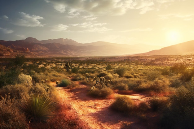 Paisaje desértico con cactus y montañas al atardecer.