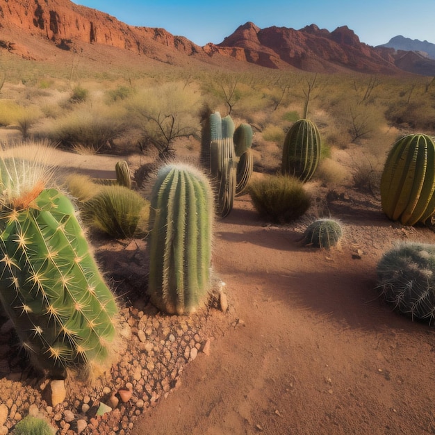 Un paisaje desértico con cactus y montañas al fondo.