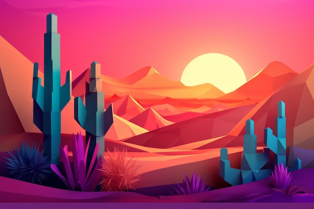 Un paisaje desértico con cactus y montañas al fondo.
