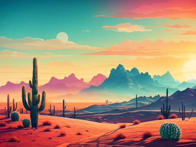 Paisaje desértico de dibujos animados con colinas de cactus, sol y siluetas de montañas