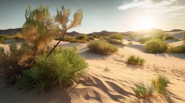 un paisaje desértico con una duna de arena y un árbol en primer plano