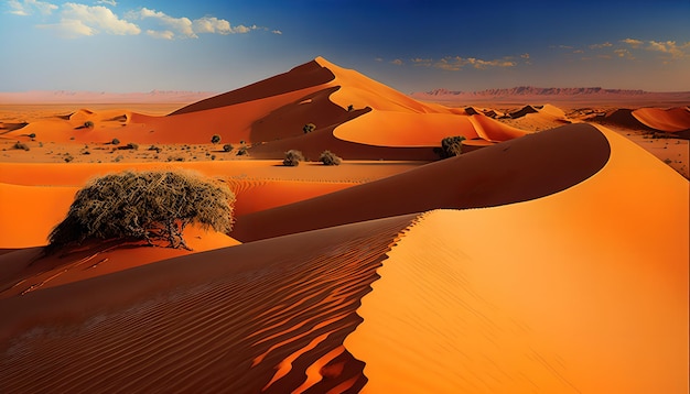 Un paisaje desértico con dunas de arena y árboles.