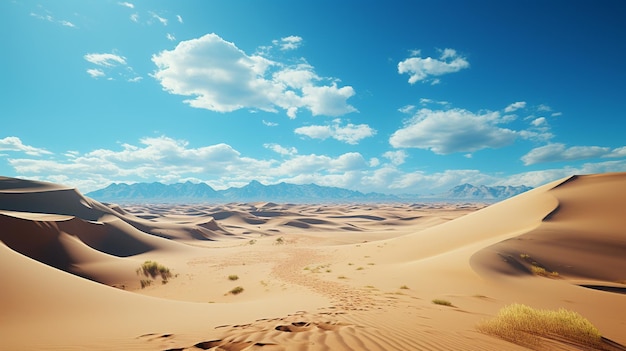 Paisaje desértico con dunas de arena bajo el cielo azul con nubes blancas Ai generativo