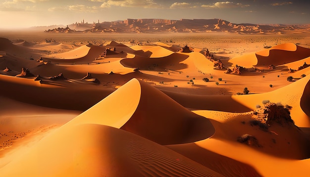 Un paisaje desértico con dunas de arena y un cielo con nubes