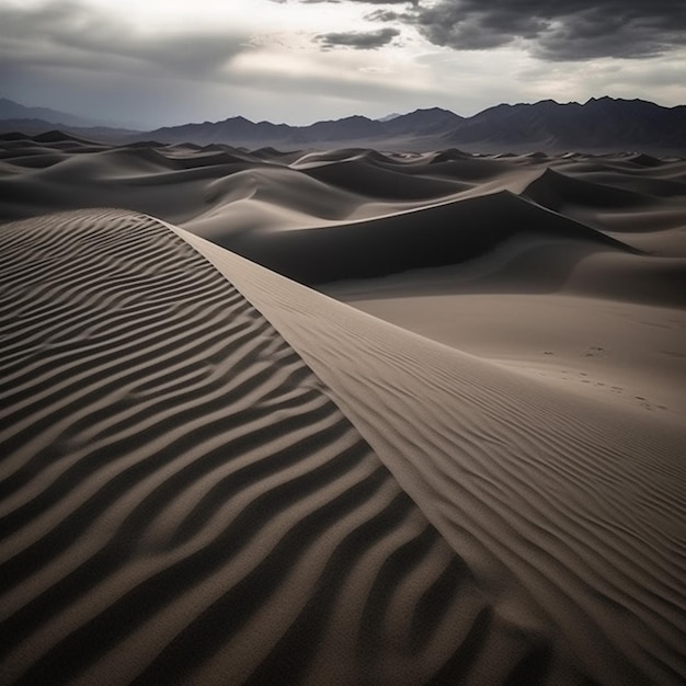 Un paisaje desértico con dunas de arena y montañas al fondo.