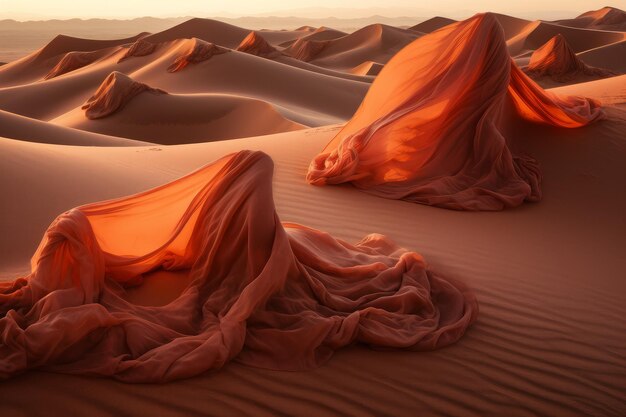 Un paisaje desértico con dunas de arena y una puesta de sol al fondo