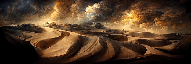 Paisaje desértico de fantasía, tormenta de arena, arena, dunas. Paisaje desértico vacío, nubes dramáticas del cielo