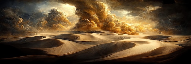Paisaje desértico de fantasía, tormenta de arena, arena, dunas. Paisaje desértico vacío, nubes dramáticas del cielo