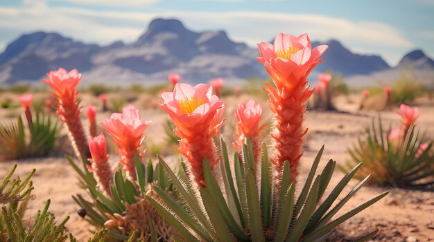 Un paisaje desértico con flores de cactus en flor