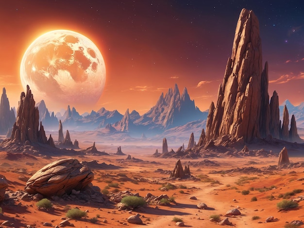 Un paisaje desértico con una gran luna en el cielo rodeada de montañas La luna parece estar en el medio de la escena con el desierto que se extiende en todas direcciones
