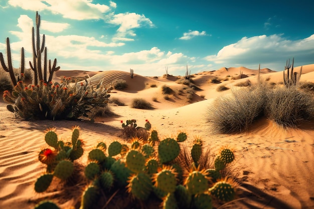 Foto un paisaje desértico con imponentes dunas de arena y cactus