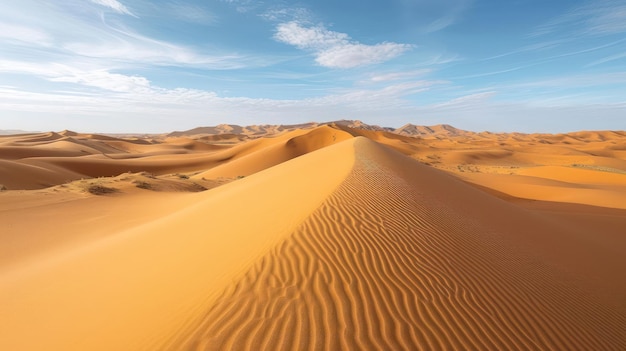 Paisaje desértico intacto con dunas de arena onduladas un cielo despejado y un oasis solitario