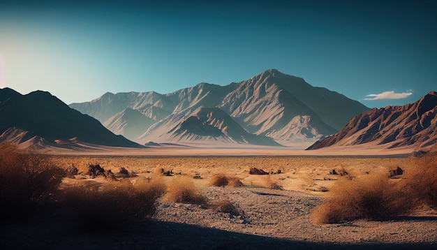 Un paisaje desértico con majestuosas montañas y un cielo con nubes de fondo IA generativa