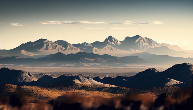 Un paisaje desértico con majestuosas montañas y un cielo con nubes de fondo IA generativa