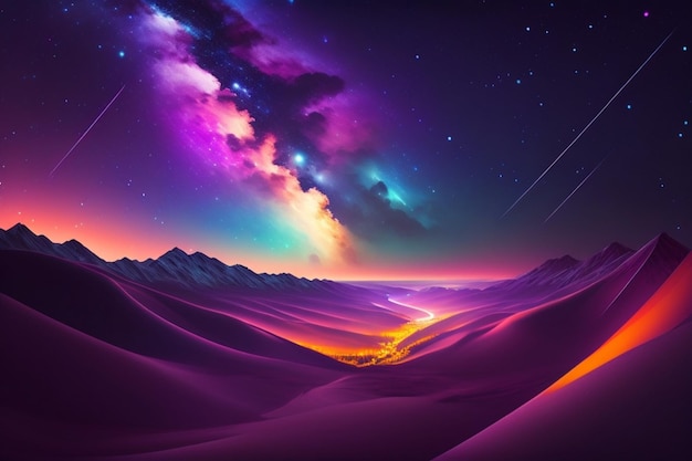 Un paisaje desértico morado y rosa con un cielo estrellado y una cadena montañosa al fondo.