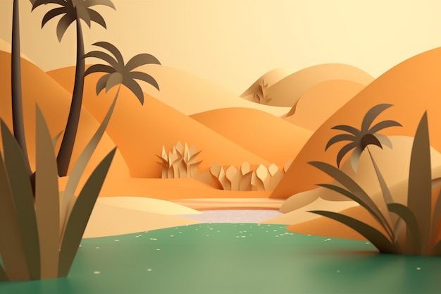 Un paisaje desértico con palmeras y agua.