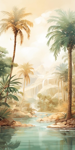 Foto un paisaje desértico con palmeras, que recuerda a una misteriosa jungla. la escena está pintada en tonos de tierra apagados, que se asemejan a paisajes románticos de ríos. la obra de arte muestra elementos de gráficos de ps1,