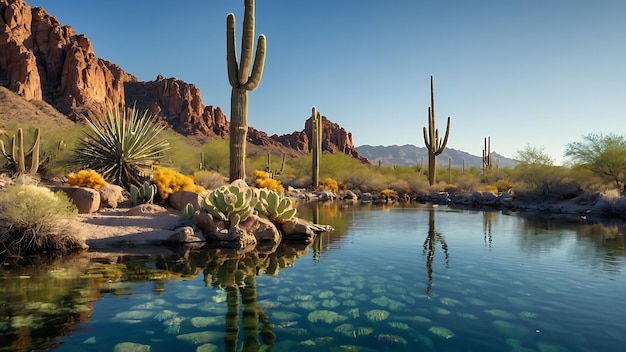 Foto un paisaje desértico con una piscina de agua y montañas en el fondo