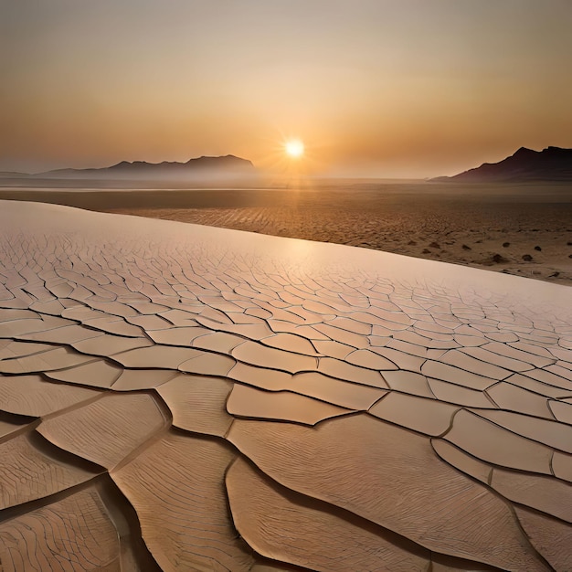 Un paisaje desértico con una puesta de sol de fondo