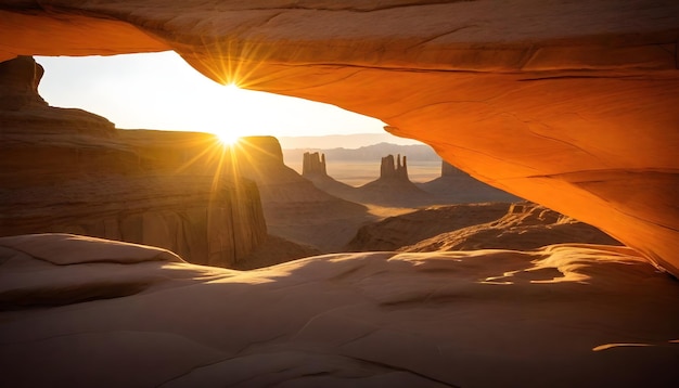 un paisaje desértico con una puesta de sol en el fondo