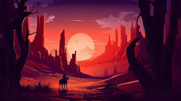 Un paisaje desértico con una puesta de sol y un hombre a caballo.
