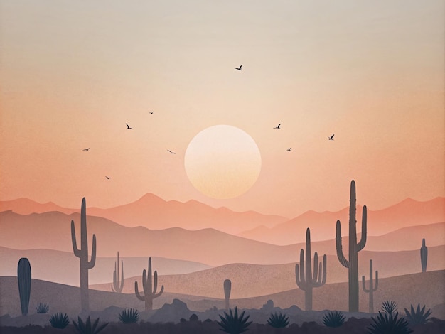 un paisaje desértico con una puesta de sol y montañas en el fondo