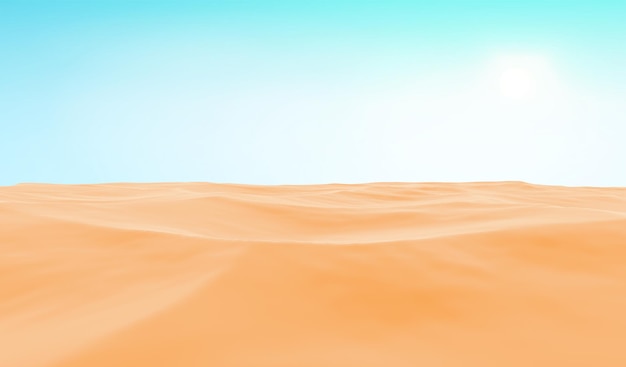 Paisaje desértico realista con cielo azul y sol Representación 3d de hermosas dunas de arena