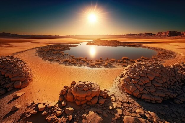 Paisaje desértico sol brillando sobre terreno plano de arena y lago de piedras en el desierto