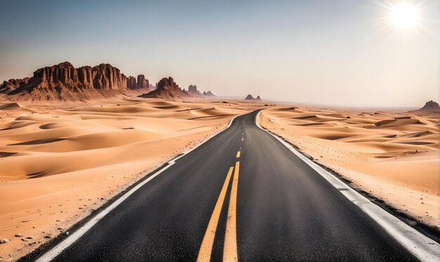 Paisaje desértico soleado con una carretera de asfalto que se extiende hasta el horizonte