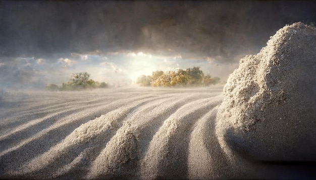 Paisaje desértico, tormenta de arena, morch de arena, cielo nublado dramático, mundo irreal. Ilustración 3D