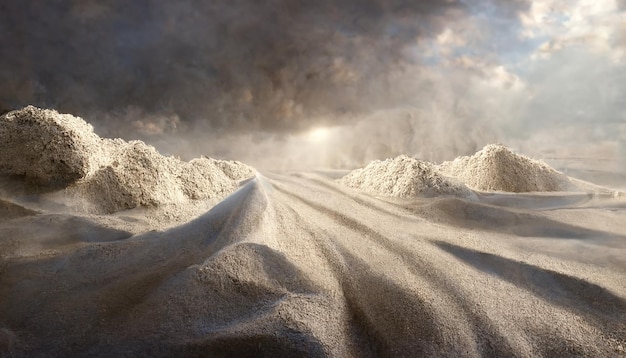 Paisaje desértico, tormenta de arena, morch de arena, cielo nublado dramático, mundo irreal. Ilustración 3D