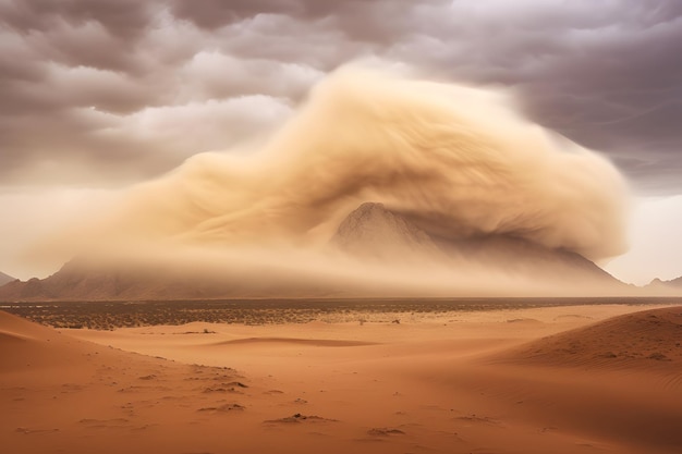 Paisaje desértico con una tormenta de arena.