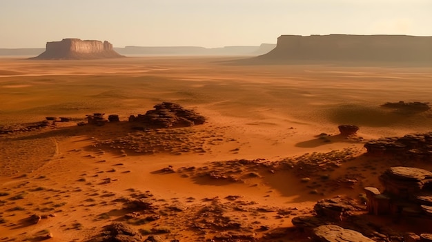 Paisaje de un desierto caliente y un alto acantilado rocoso en el fondo