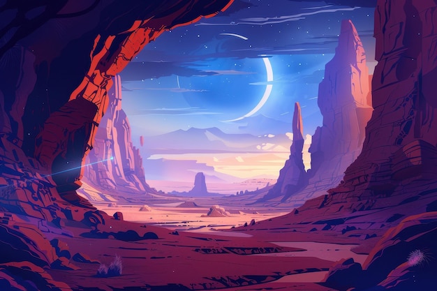 Paisaje del desierto del cañón con luna media y cielo púrpura