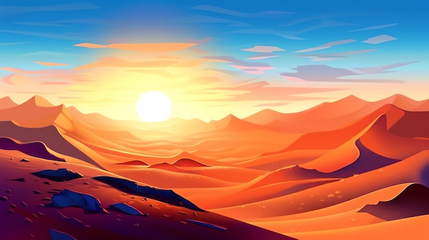 Un paisaje de un desierto con colinas y una puesta de sol