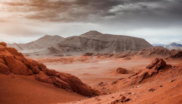 Paisaje de desierto con montañas en el planeta rojo Marte arena naranja y cielo gris