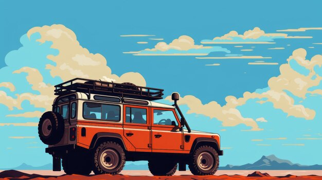 El paisaje del desierto, el programa de televisión, el Land Rover en estilo 8bit.