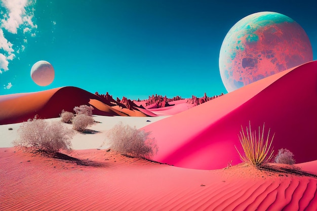 Paisaje con desierto rosa en cielo brillante.