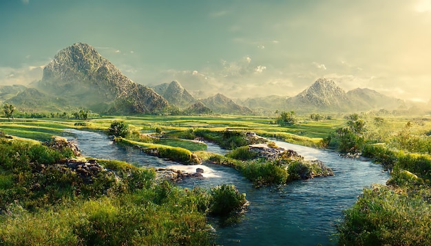 Paisaje de día de verano con arbustos de hierba verde de río y montañas en el horizonte Ilustración 3D